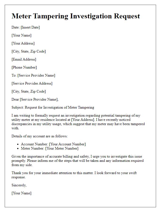 Letter template of meter tampering investigation request to service provider