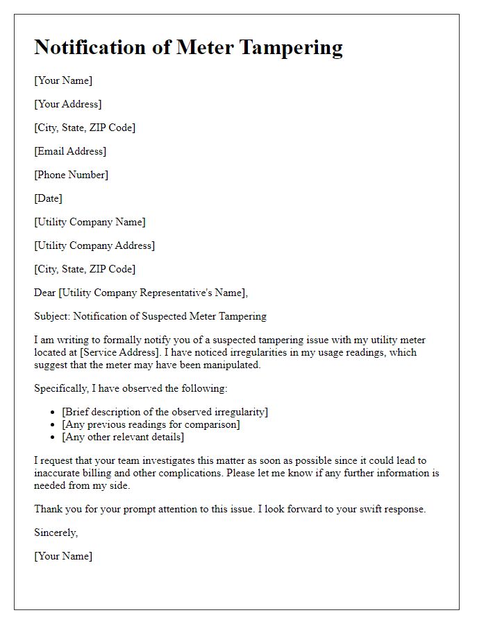 Letter template of meter tampering notification to the utility company