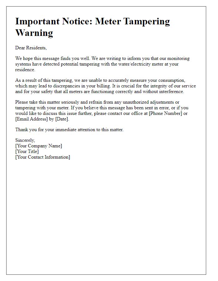 Letter template of meter tampering warning to affected residents