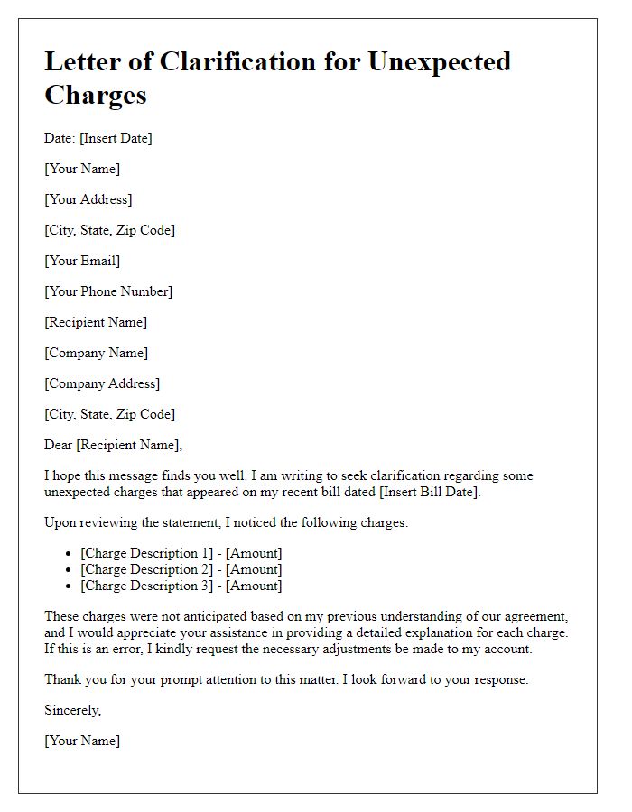 Letter template of clarification for unexpected charges