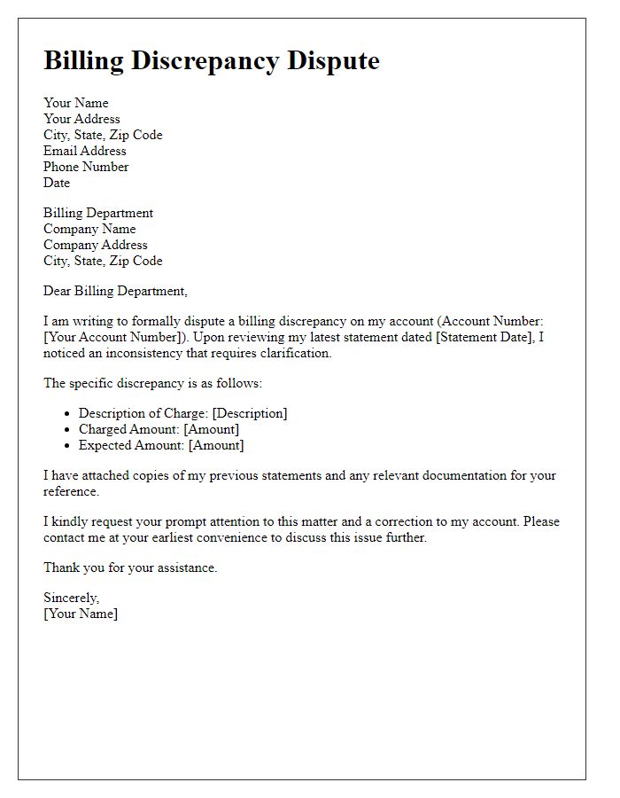 Letter template of dispute for billing discrepancies