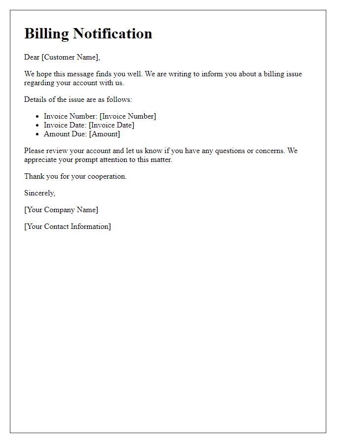 Letter template of notification for billing issues