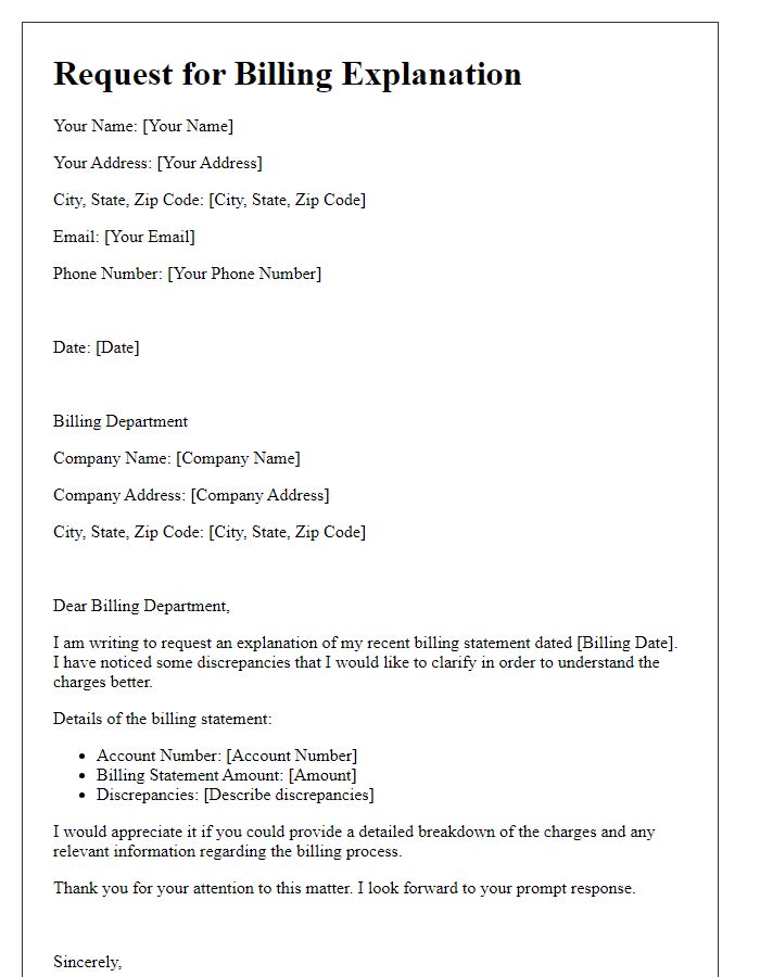 Letter template of request for billing explanation