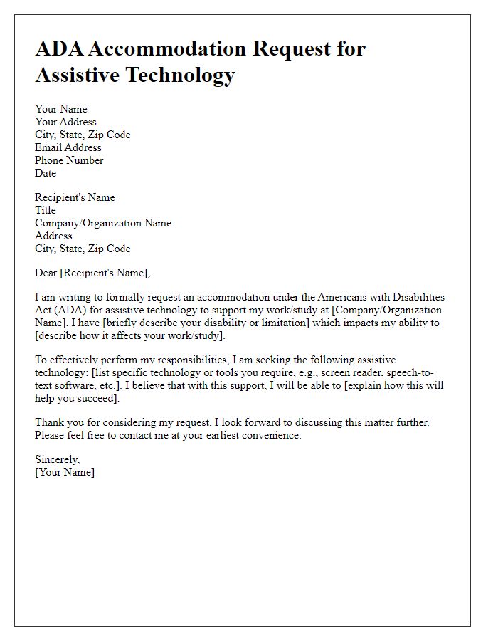 Letter template of ADA accommodation request for assistive technology.