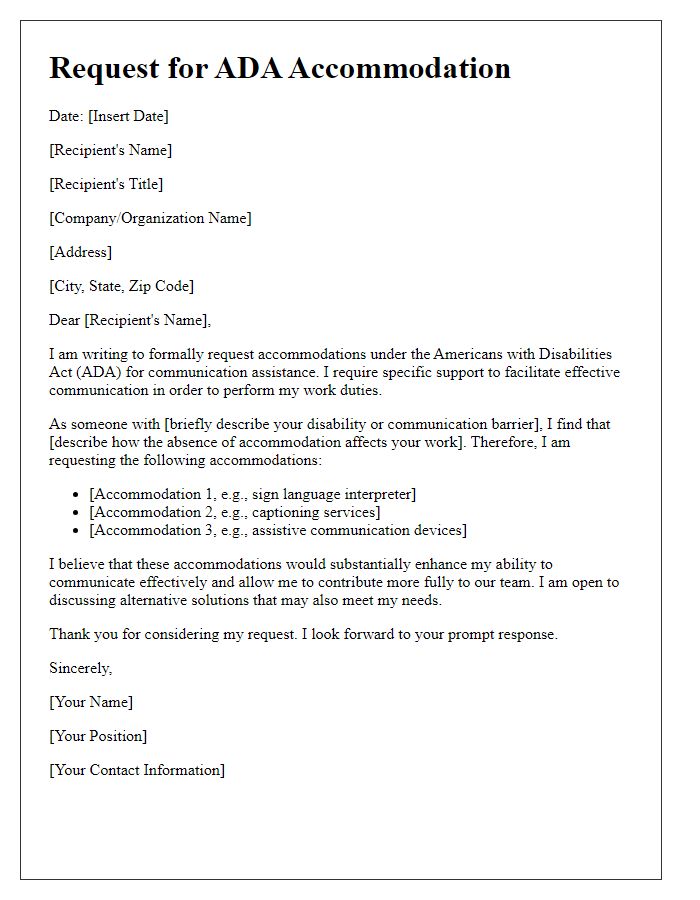 Letter template of ADA accommodation request for communication assistance.