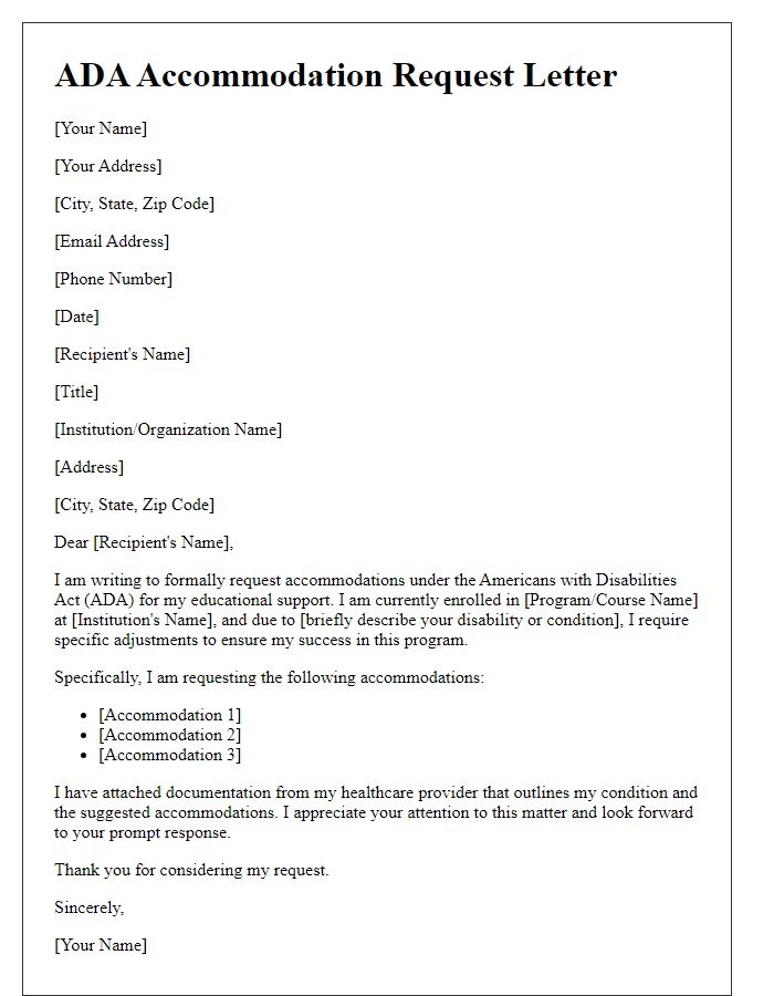 Letter template of ADA accommodation request for educational support.