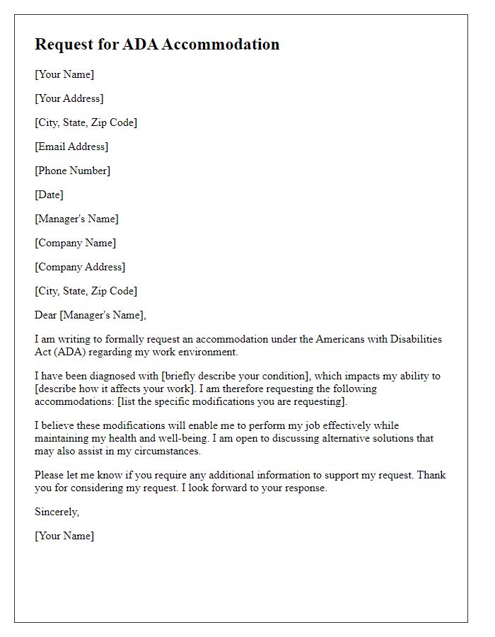 Letter template of ADA accommodation request for workplace modifications.