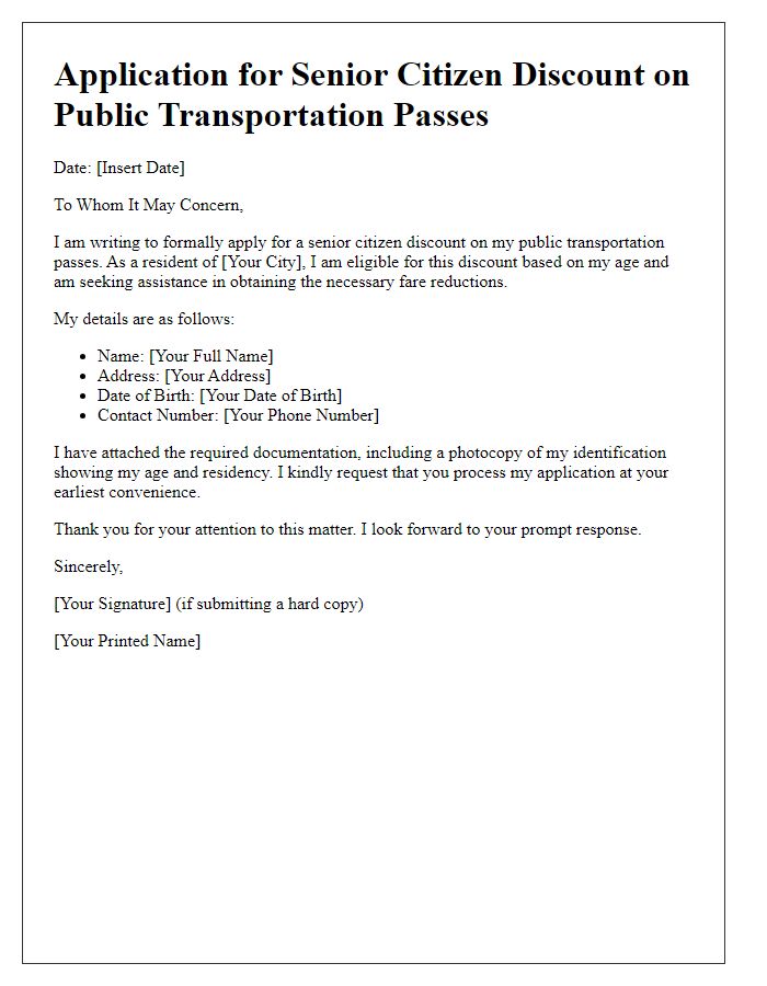 Letter template of senior citizen discount application for public transportation passes