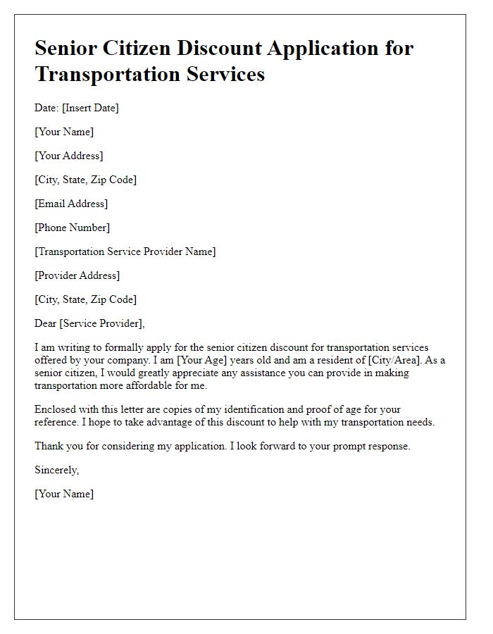 Letter template of senior citizen discount application for transportation services