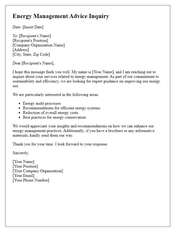 Letter template of energy management advice inquiry