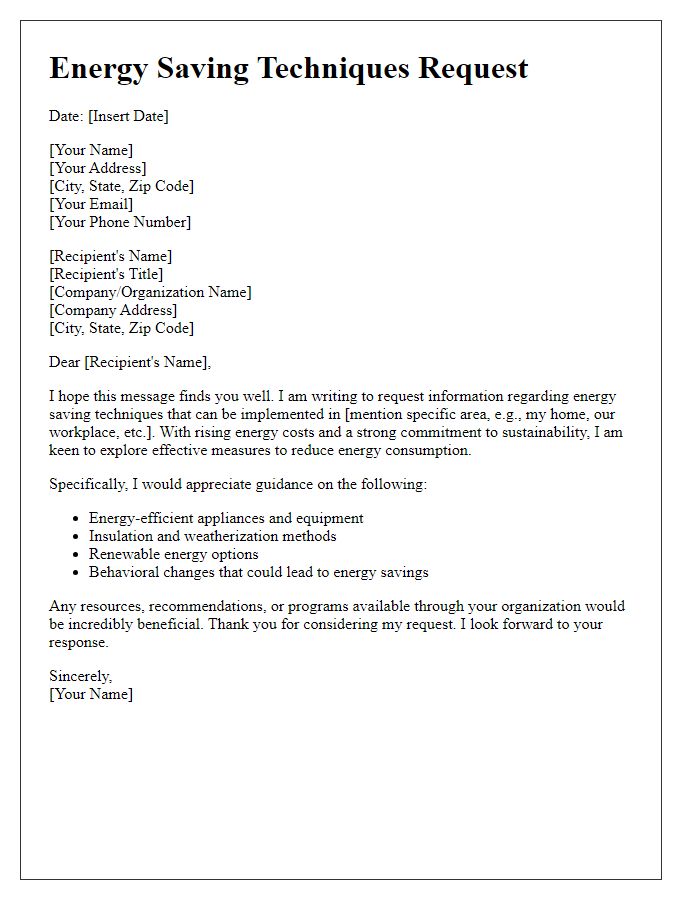 Letter template of energy saving techniques request