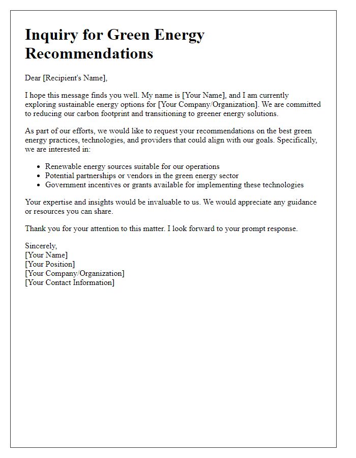 Letter template of green energy recommendations inquiry