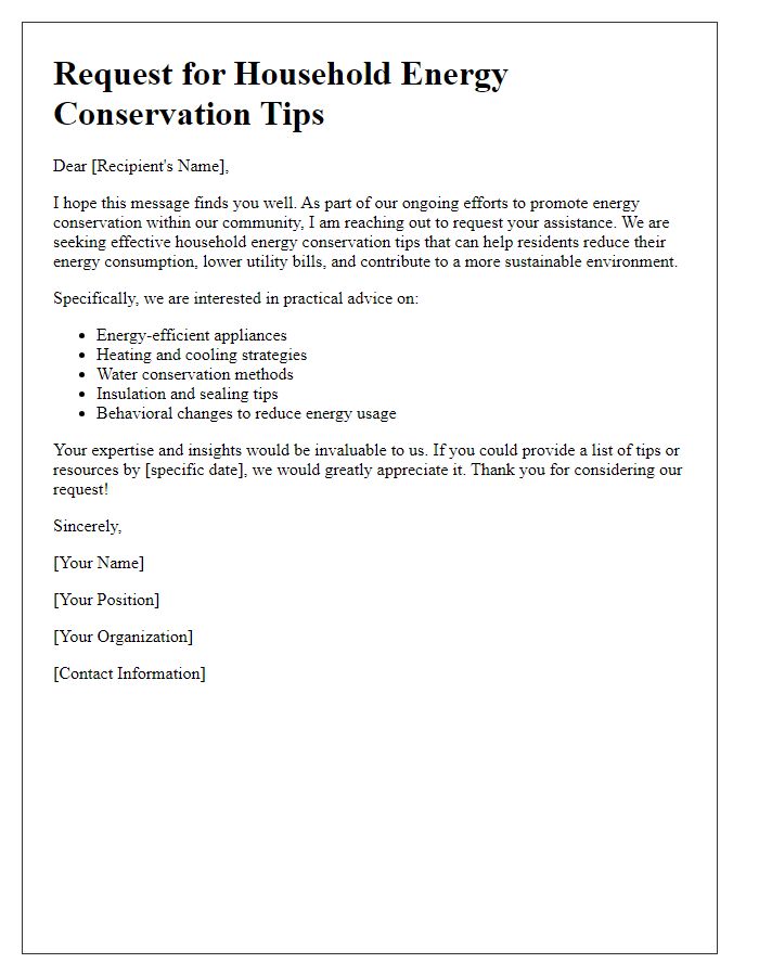 Letter template of household energy conservation tips request