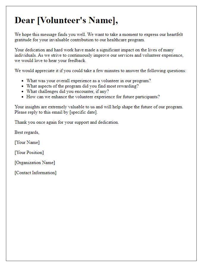 Letter template of feedback request for volunteers in healthcare programs.