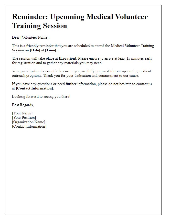 Letter template of reminder for upcoming medical volunteer training session.