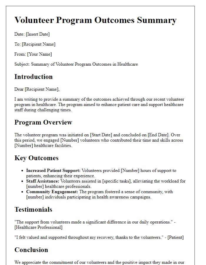 Letter template of summary for volunteer program outcomes in healthcare.