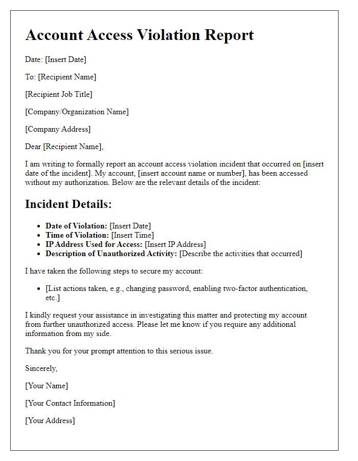 Letter template of account access violation report