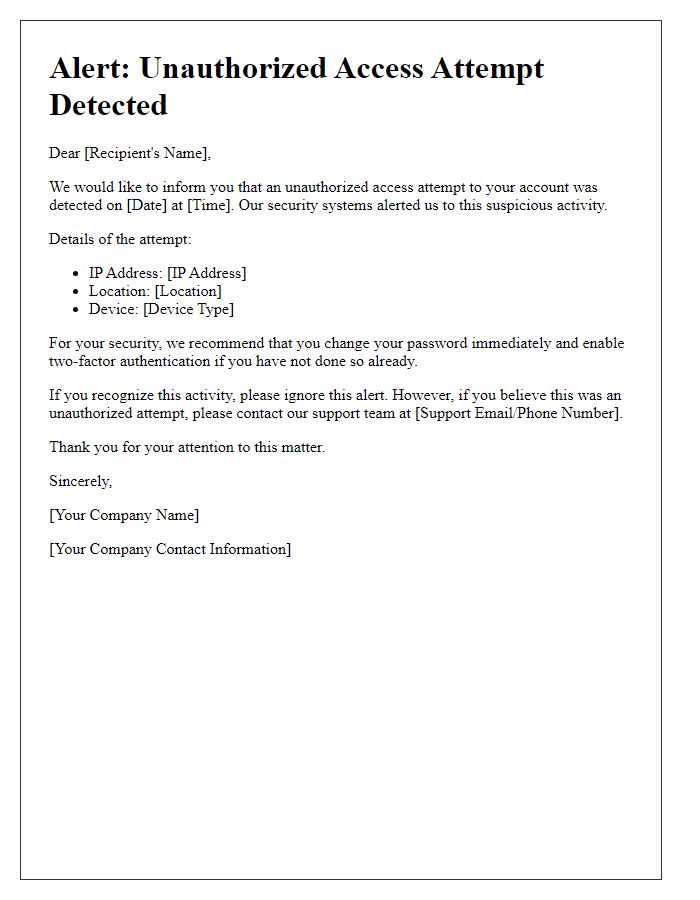 Letter template of alert for unauthorized access attempt