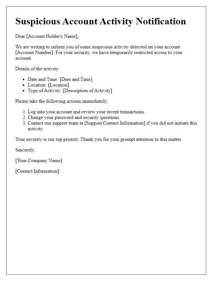 Letter template of notification for suspicious account activity