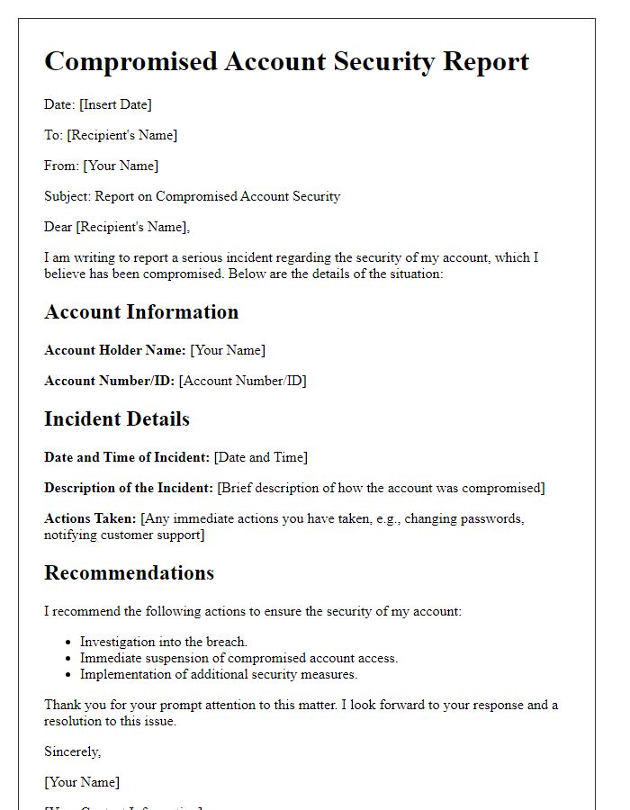 Letter template of report on compromised account security