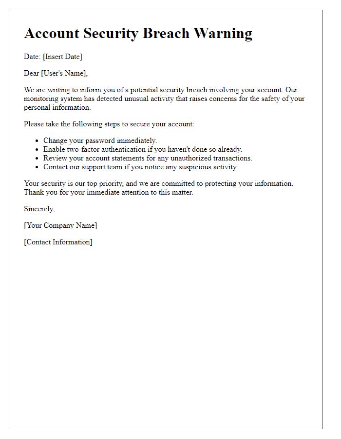 Letter template of warning regarding account security breach