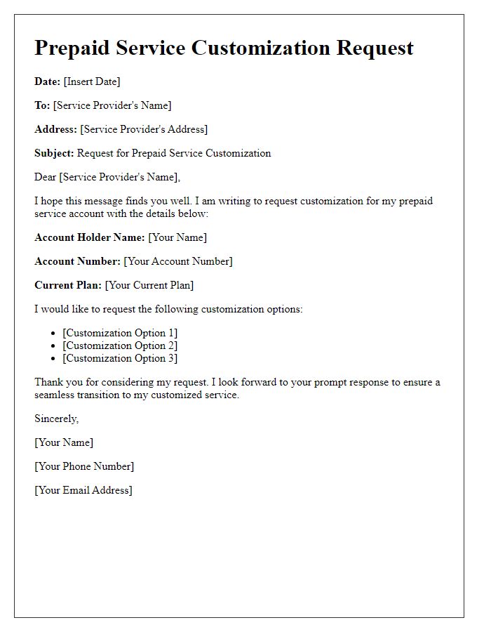 Letter template of prepaid service customization request
