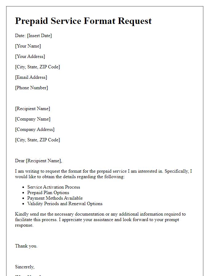 Letter template of prepaid service format request