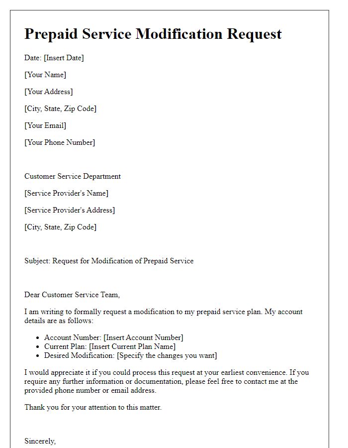 Letter template of prepaid service modification request