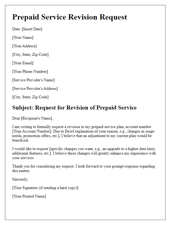 Letter template of prepaid service revision request