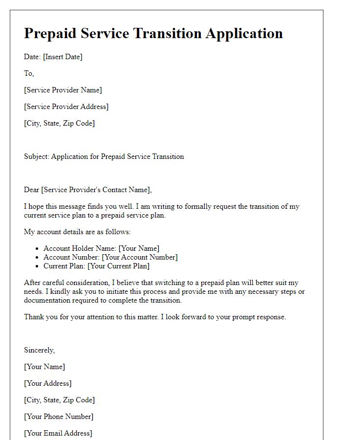 Letter template of prepaid service transition application