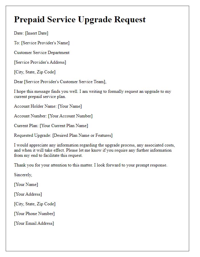 Letter template of prepaid service upgrade request