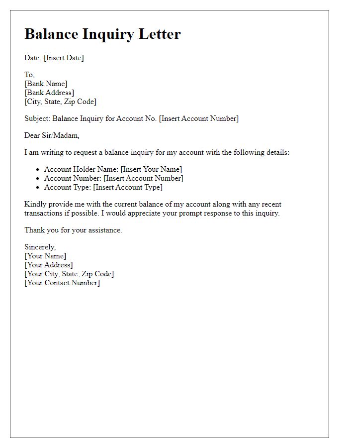 Letter template of balance inquiry for account