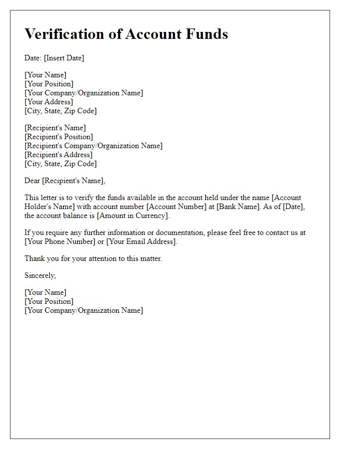 Letter template of verification of account funds