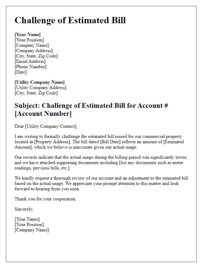 Letter template of estimated bill challenge for commercial properties.