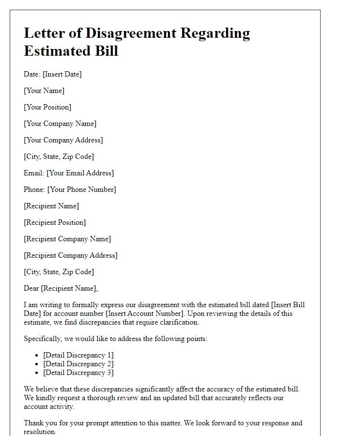 Letter template of estimated bill disagreement for business accounts.