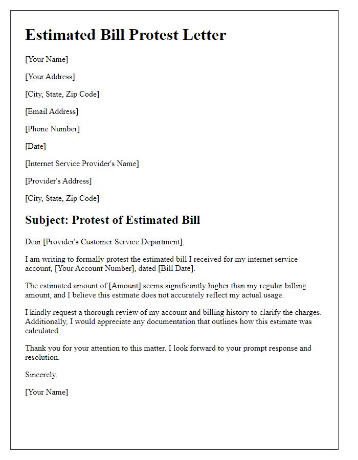 Letter template of estimated bill protest for internet service providers.