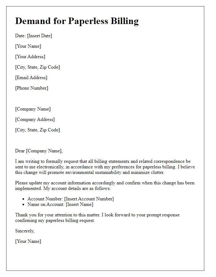 Letter template of demand for paperless billing preferences