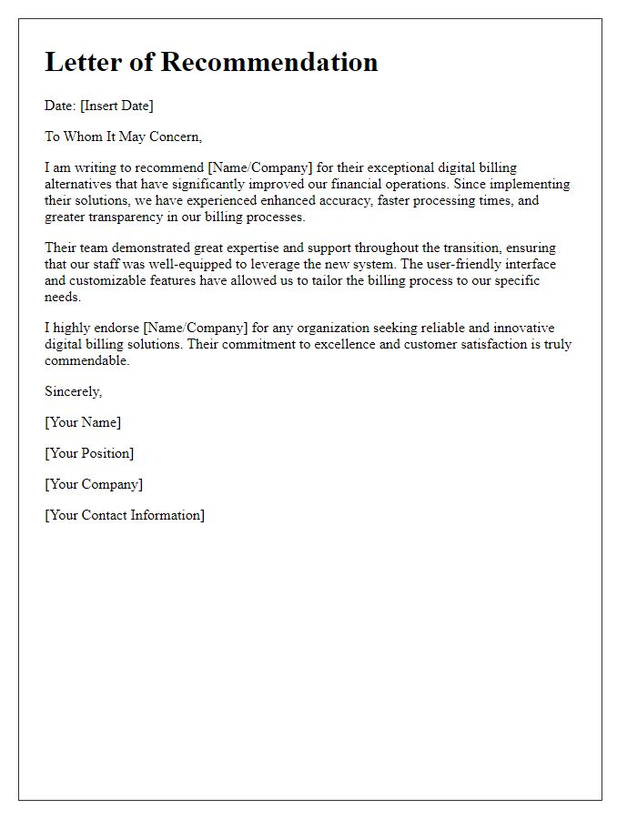 Letter template of recommendation for digital billing alternatives