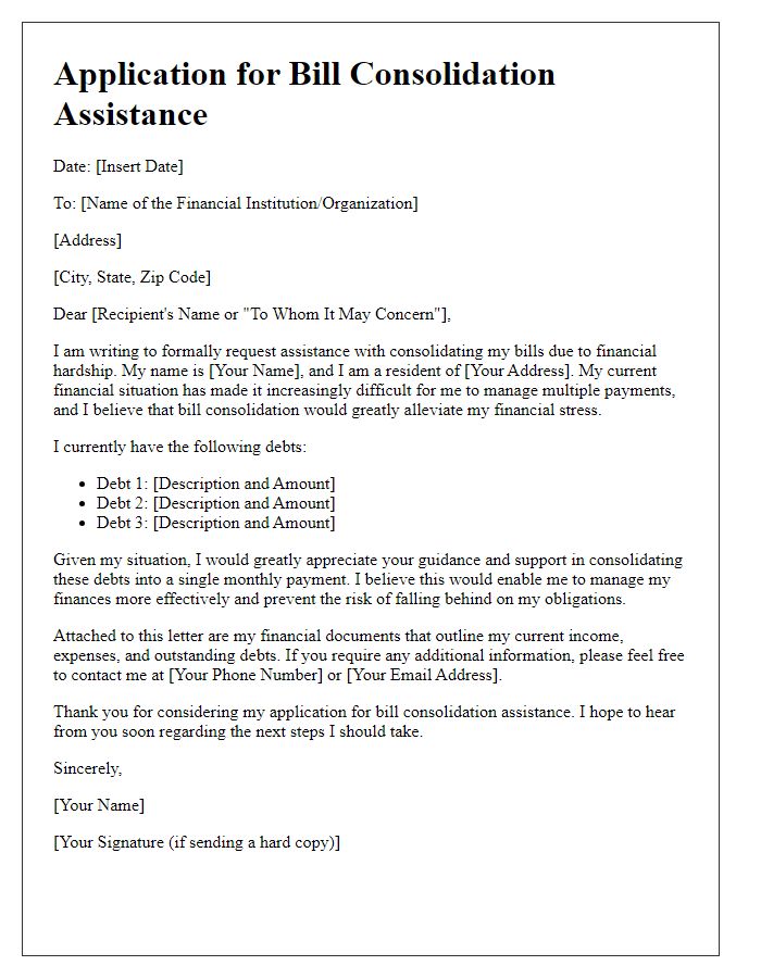 Letter template of application for bill consolidation assistance