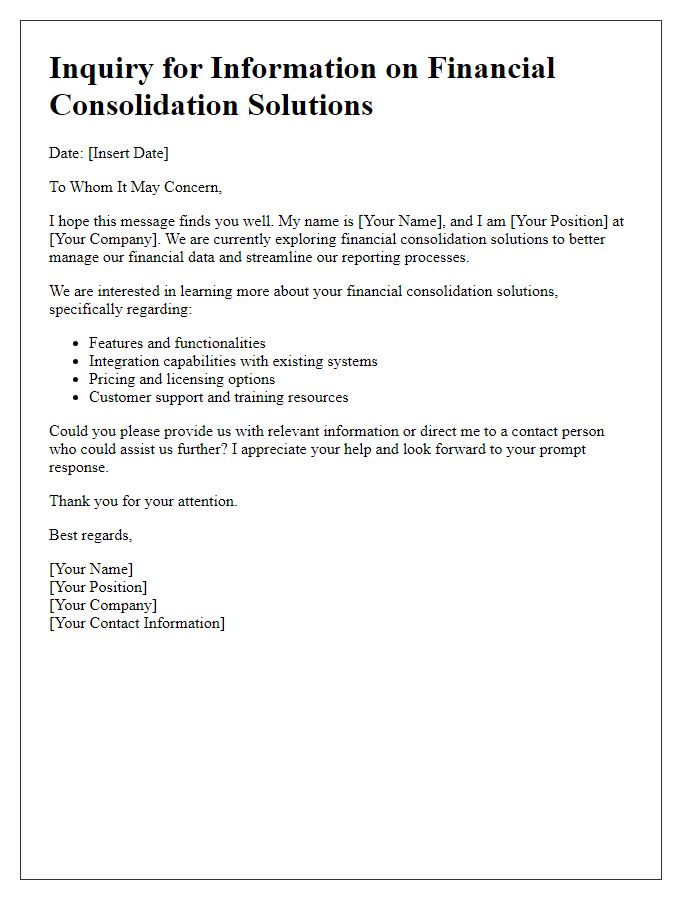 Letter template of inquiry for information on financial consolidation solutions