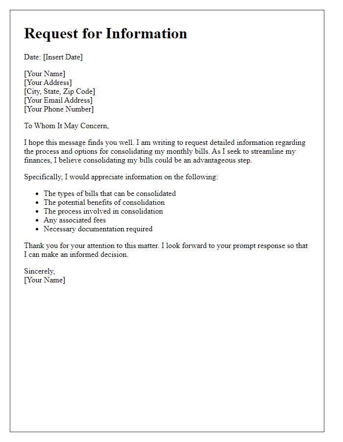 Letter template of request for details on consolidating monthly bills