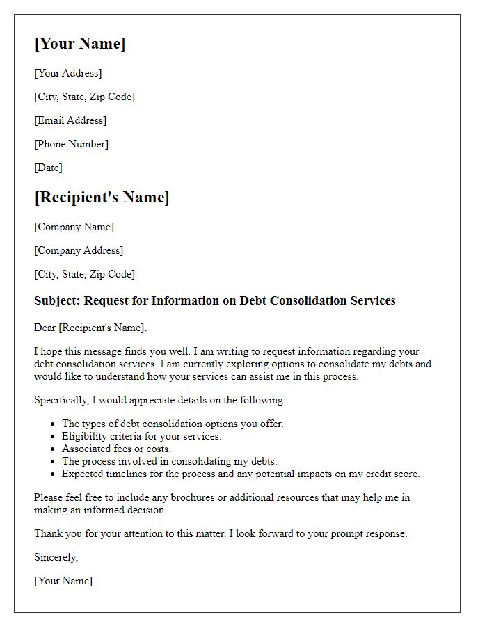 Letter template of request for information on debt consolidation services