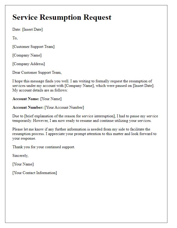 Letter template of service resumption request for customer support