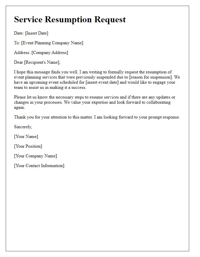 Letter template of service resumption request for event planning services