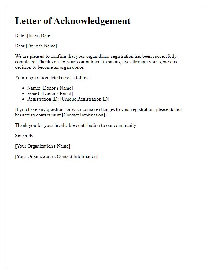 Letter template of acknowledgement for organ donor registration completion