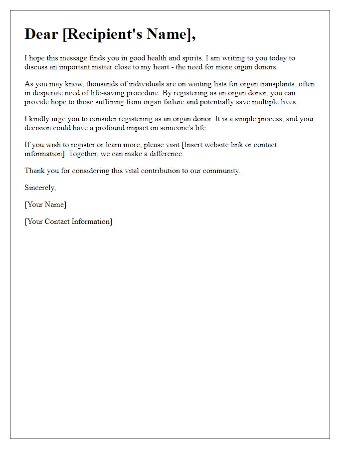 Letter template of appeal to register as an organ donor