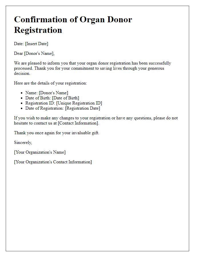 Letter template of confirmation of organ donor registration