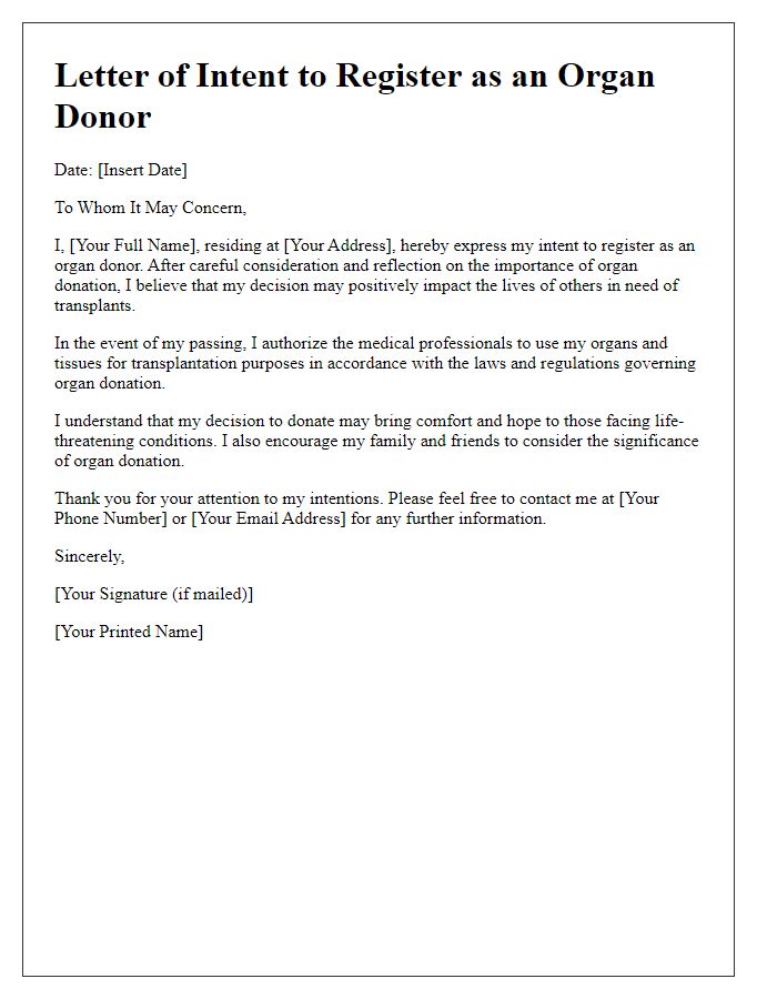 Letter template of intent to register as an organ donor