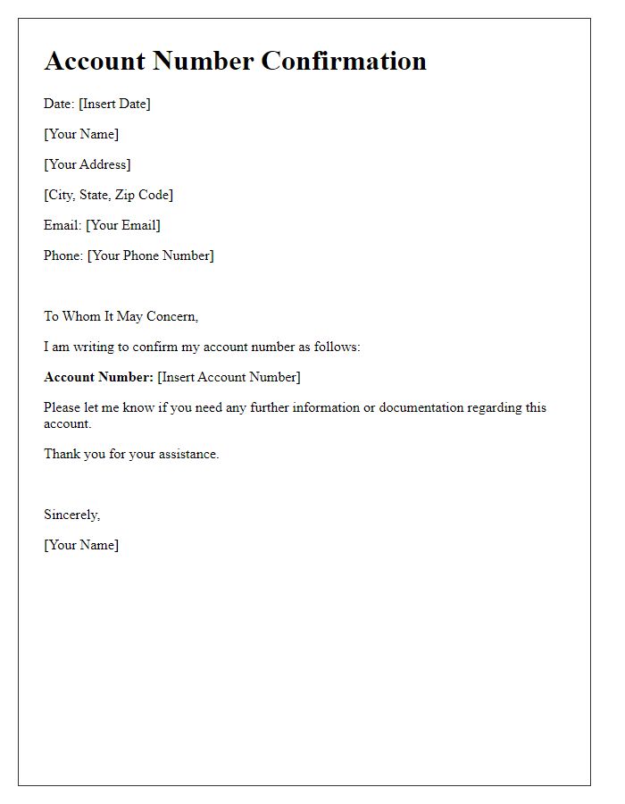 Letter template of account number confirmation