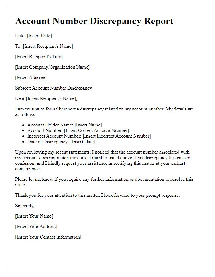 Letter template of account number discrepancy report